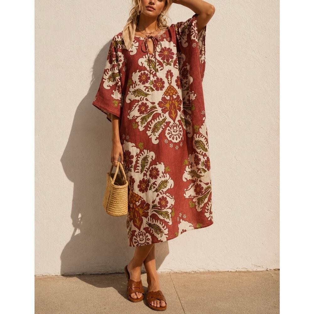 Zara Linen Blend Floral Kimono Tunic Dress XS Small Boho Oversized Cftan